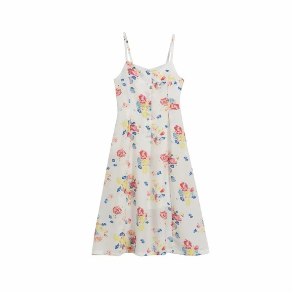 Uniqlo X Ines De La Fressange Ivory Floral Midi Dress Sz XS Prairie Pockets - Picture 4 of 6